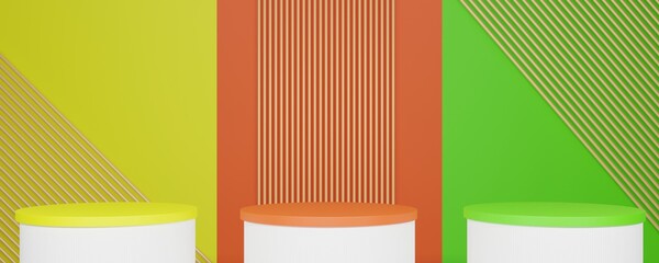 Abstract yellow, orange and green cylinder podium. Geometry platform for product presentation, stage, 3D rendering