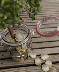 Money tree growth from a savings jar full of coins concept 3d render