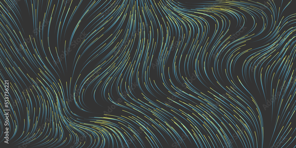 Poster dark green, blue and brown moving,flowing stream of particles in curving, wavy lines - digitally gen