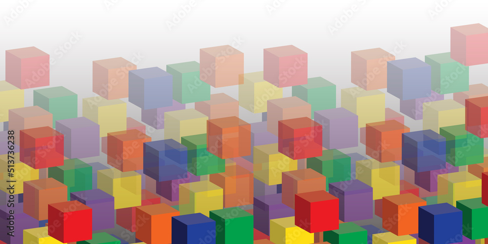 Poster lots of colorful abstract 3d solid and transparent lit cubes pattern, wide scale background for web,