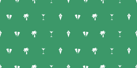 Dark Green and White Retro Style Summer Vacation, Recreation Concept Design, Pattern Background with Rows of White Ice Cream, Palm Tree, Cocktail Glass and Scuba Fins Symbols in Editable Vector Format