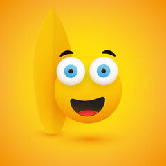 Simple Happy Cheerful Surfer Emoticon with Wide Open Pop Out Blue Eyes Beside a Surfboard - Vector Design for Web and Online Apps on Yellow Background