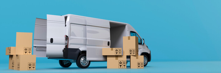 Generic modern white delivery van with boxes on a blue back ground 3d render