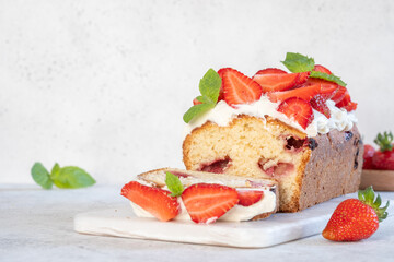 Pound or loaf cake with strawberry. Delicious summer dessert.