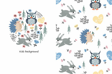 Cute cartoon hare, owl, hedgehog, trees. Template for children's cards.