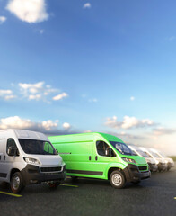 Generic green electric van standing out from other vans concept 3d render