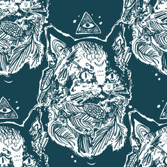 Repeated pattern with conspiracy theory cat illustration. Seamless texture. It can be used as wallpaper, upholstery, wrapping, fabric or your design.