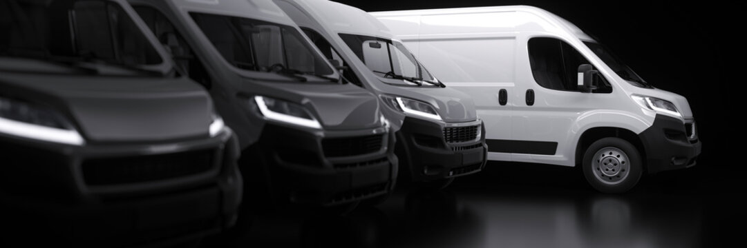 Generic row of new vans in a parking bay ready for purchase 3d render