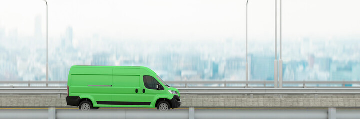 Generic green electric van driving through a city 3d render