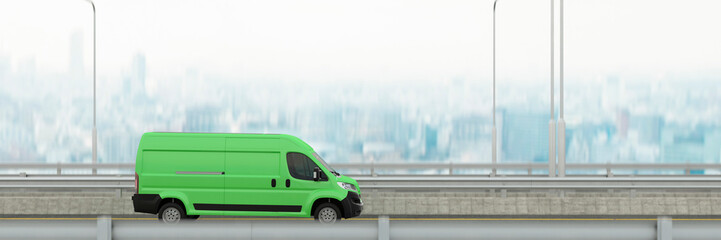 Generic green electric van driving through a city 3d render © Studio-FI