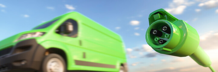 Green electric charger and an electric commercial van concept 3d render