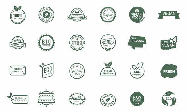 Organic Icons Product Logo Stamp Set illustration Free Premium Vector, Eco Vegan Bio Food labels For commercial and personal projects, digital or printed media, poster, banners
