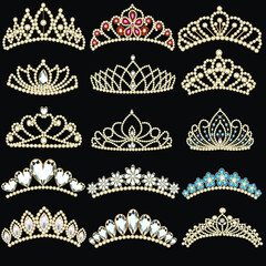 Illustration set of wedding tiaras, crowns with precious stones