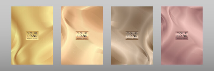 Modern elegant cover design set. Gold abstract line pattern guilloche curves background in Mocha Mousse color of the year 2025 stripe vector for business catalog, certificate, brochure template, card