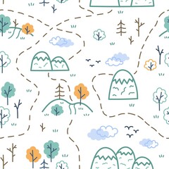 seamless children's pattern mountains and woodland trees clouds on white background nursery decor in scandinavian style