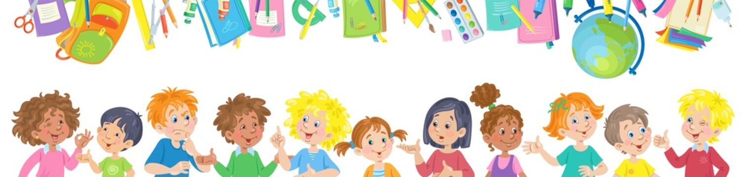Back to school. Colorful banner with happy talking kids and school supplies. In cartoon style. Isolated on white background. Vector illustration