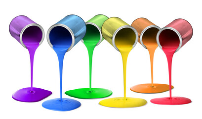 Metal tin cans pouring rainbow spectrum color paint