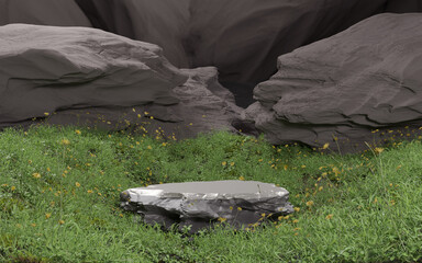 grass green stand display showcase cylinder podium ground stone platform for displaying cannabis leaf or marijuana hash, hemp, hashish, marihuana products in wooden floor background. 3D render