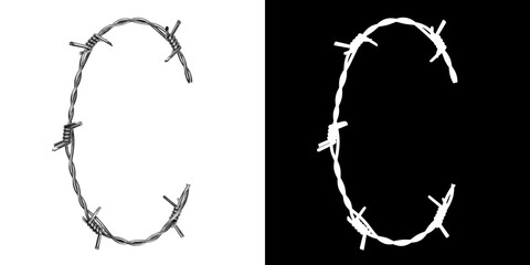 Letter C made of twisted metal barbed wire, isolated on white with clipping mask, 3d rendering