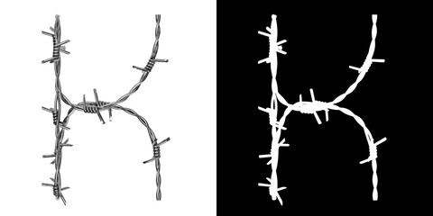 Fototapeta premium Letter K made of twisted metal barbed wire, isolated on white with clipping mask, 3d rendering
