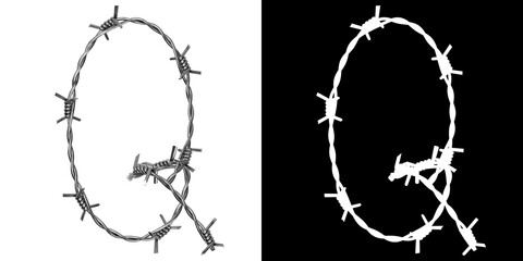 Letter Q made of twisted metal barbed wire, isolated on white with clipping mask, 3d rendering