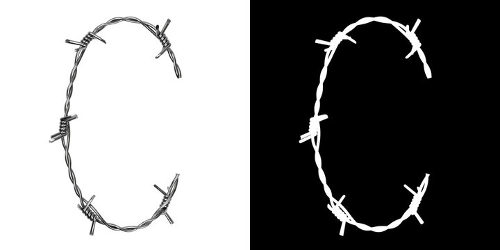 Letter C made of twisted metal barbed wire, isolated on white with clipping mask, 3d rendering