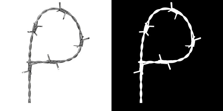 Letter P made of twisted metal barbed wire, isolated on white with clipping mask, 3d rendering