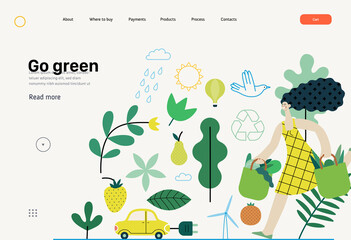 Ecology - Sustainable thinking -Modern flat vector concept illustration, woman with eco bags, electric car, sustainable transport, solar and wind energy, plants. Creative landing web page template