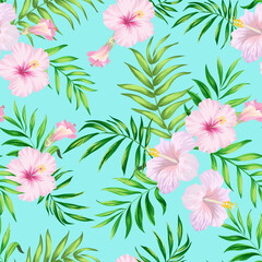 Fototapeta na wymiar Tropical vector seamless background. Jungle pattern with exotic flowers and palm leaves. Stock vector. Summer vector vintage wallpaper. 