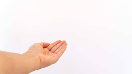 isolated hand gesture open palm asking for alms on white background
