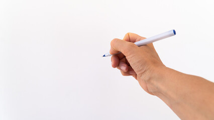 isolated right hand with pen writing on white background