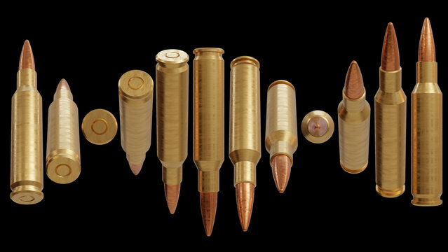 ammo pack of pistol 9mm bullet various angle on black background. 3D illustration render.