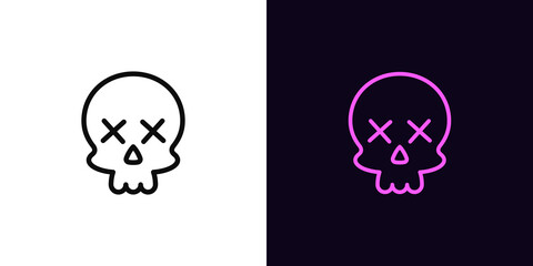 Outline skull emoji icon, with editable stroke. Skull emoticon silhouette with dead x eyes, skeleton head pictogram. Skull face