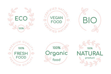 Set of organic, fresh, vegan and natural products label. Ecology line icon, badge and logo collection.