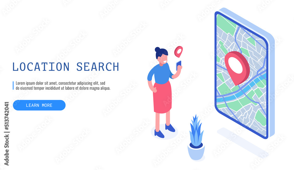 Poster concept of location search. web banner. woman looking for a destination. vector illustration..