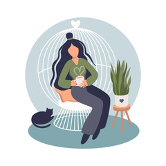 The girl in the chair drinks a hot drink. Next to a flower and a cat. Cozy interior, illustration, vector, design
