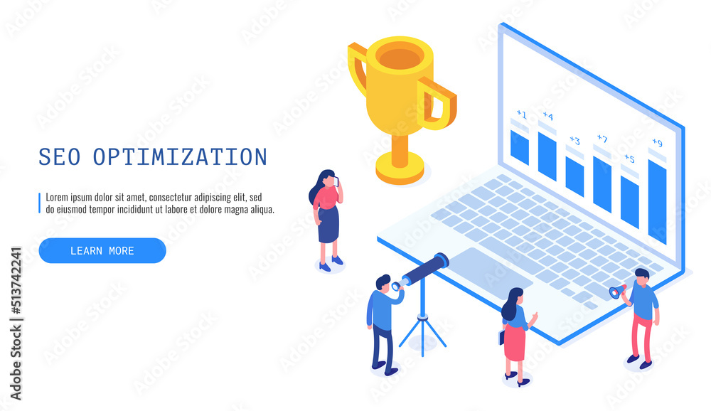 Poster team of people working together on seo optimisation. concept of seo optimisation. web banner. vector