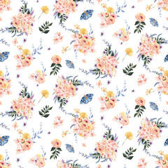 Delicate watercolor patterns with hydrangea, roses and other garden plants, delicate blue, peach and pink inflorescences