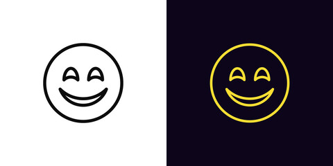 Outline happy emoji icon, with editable stroke. Cute emoticon with joyful smile, happy face pictogram. Funny emoticon silhouette