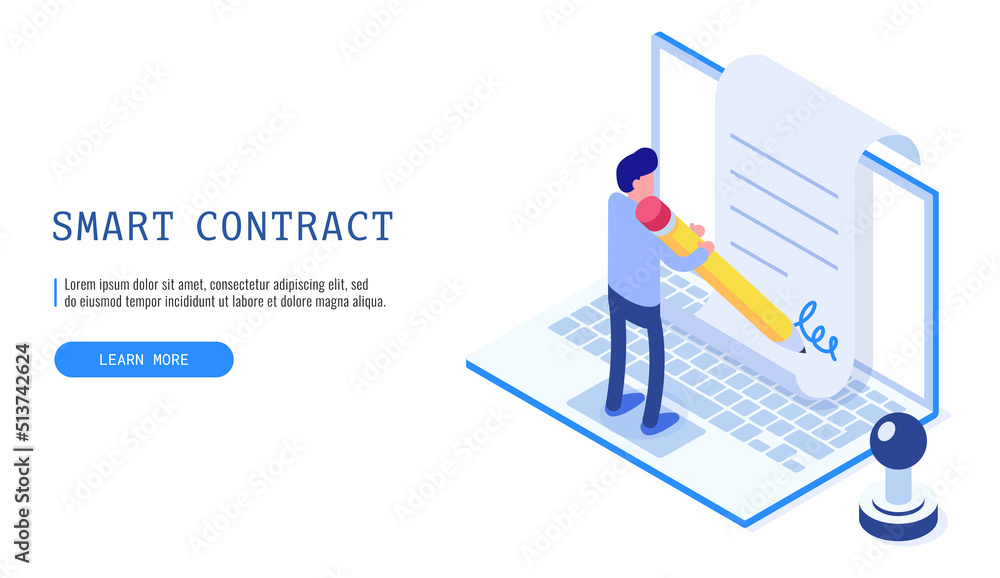 Poster smart contract concept. a man signing a contract by electronic signature. web banner. vector illustr