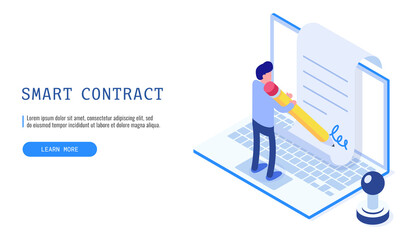 Smart contract concept. A man signing a contract by electronic signature. Web banner. Vector illustration..