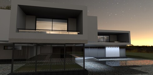 Five minutes before sunrise. Contemporary design house with pool reflecting the sky. 3d render. Very good banner for the suburban real estate constructing companies. 