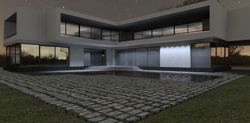 Predawn hour. Wonderful view of a luxury house with illuminationю Can be used to advertise design or construction beautiful modern houses.