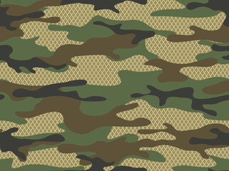 Camouflage seamless pattern with grid. Military endless texture. Abstract camo of spots. Print on fabric and clothing. Vector illustration