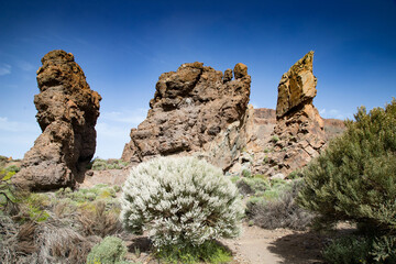 roques de Garcia stone and Teide mountain volcano in the Teide National Park  Tenerife  Canary Islands  Spain