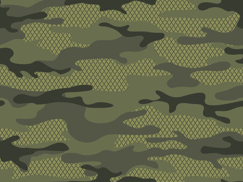 Camouflage seamless pattern with grid. Military endless texture. Abstract camo of spots. Print on fabric and clothing. Vector illustration