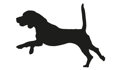 Black dog silhouette. Running and jumping english beagle puppy. Pet animals. Isolated on a white background. Vector illustration.
