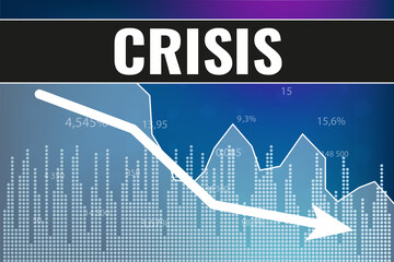Word Crisis on blue finance background with arrow, columns and line. Down trend. Financial market concept