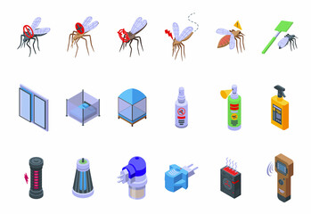 Fototapeta premium Mosquito protective icons set isometric vector. Aerosol bite. Insect repellent