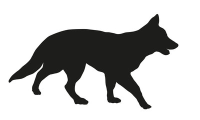 Walking white swiss shepherd dog puppy. Black dog silhouette. Pet animals. Isolated on a white background. Vector illustration.